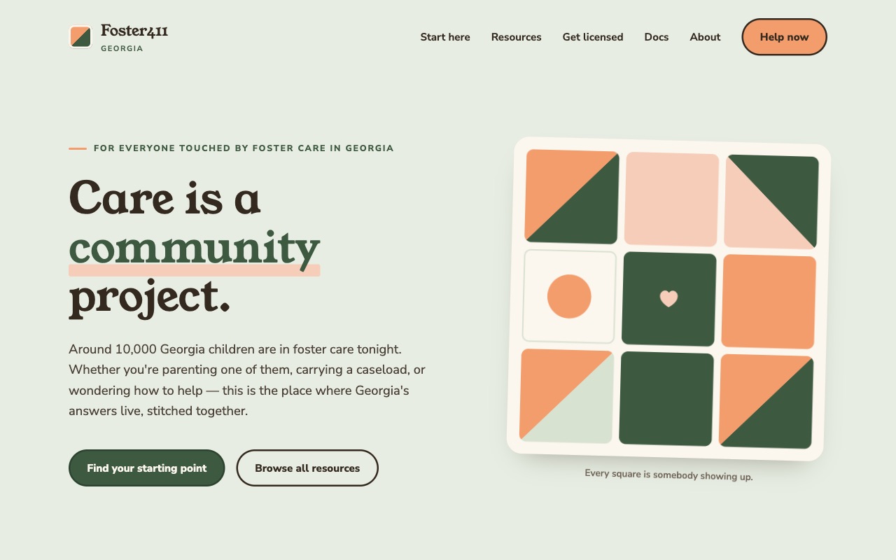The Foster411 Georgia home page: Care is a community project, for everyone touched by foster care in Georgia.